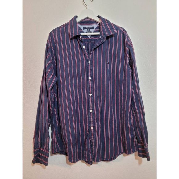 Tommy Hilfiger Stripped Button Down Shirt Mens Size XL Slim Fit Blue Red Preppy - Picture 1 of 5